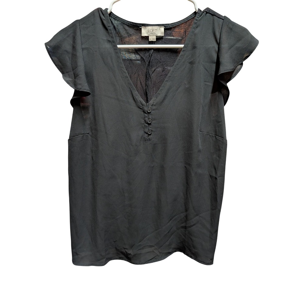 Loft Blouse Women S Black Excellent Flutter Sleeve Henley Mixed Media V-Neck